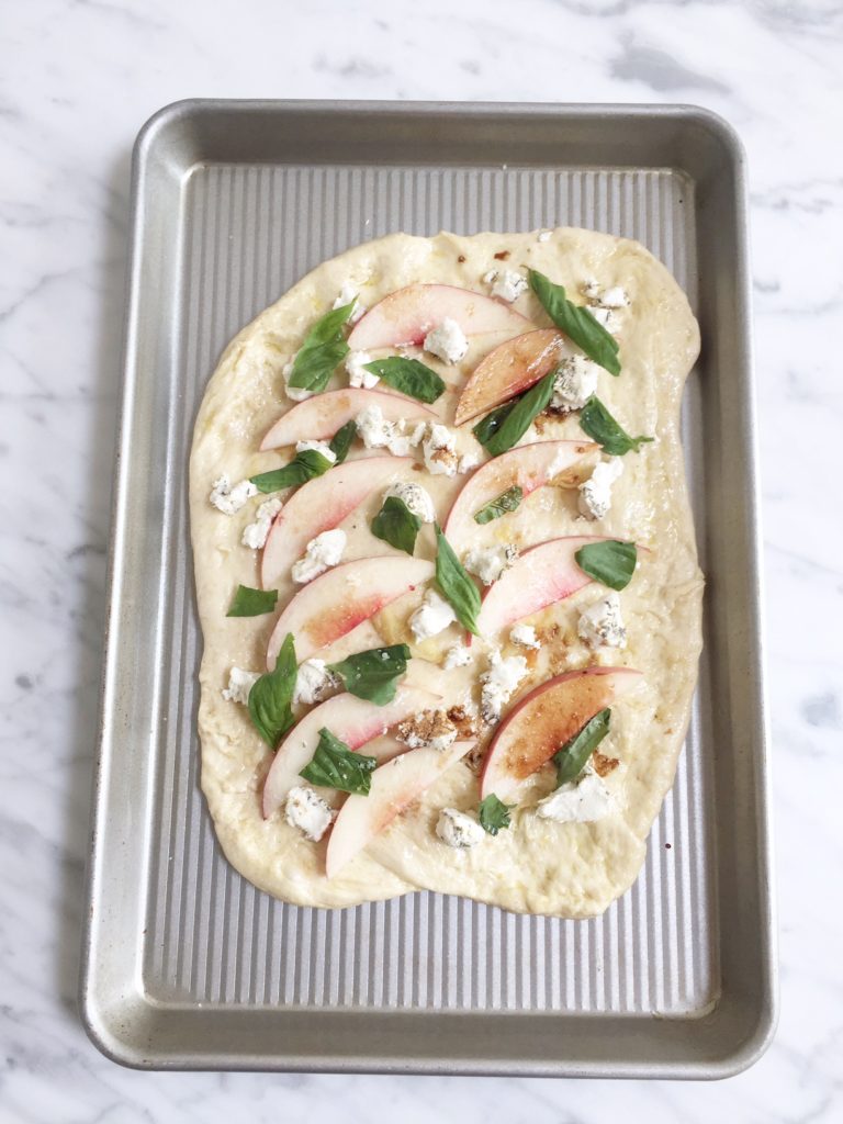 Peach Pizza with fresh basil and herb goat cheese - Monica Hart