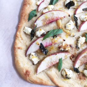 Peachy Pizza with Roasted Garlic, Fresh Basil and Goat Cheese