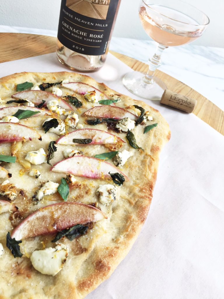 Peach Pizza with fresh basil and herb goat cheese - Monica Hart