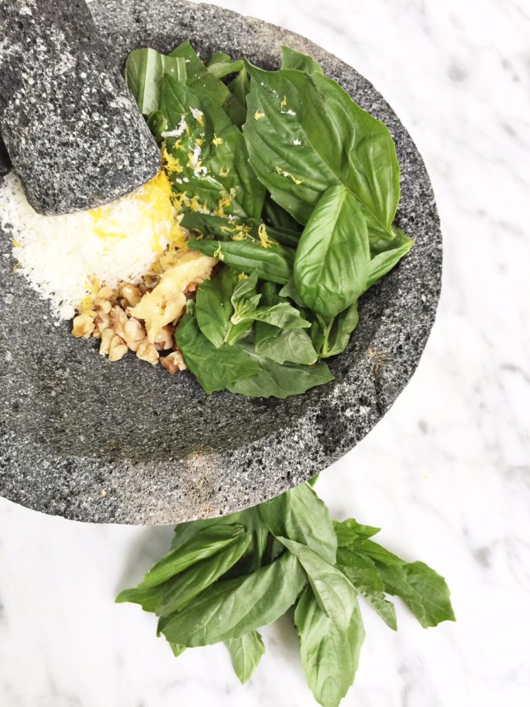 Pesto with a mortar and pestle - Monica Hart Cooks